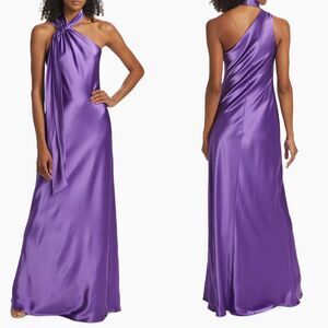 NWT Galvan London Ruched Halter Neck Satin Ushuaia Evening Purple US 12 $1695